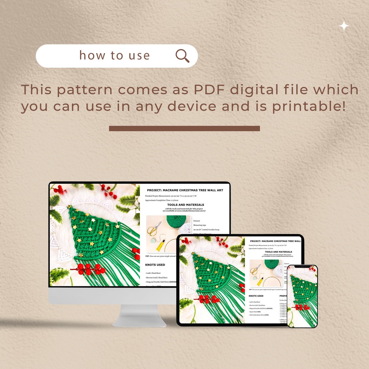 Arte mural con árbol de Navidad: guía de nudos y PDF digital