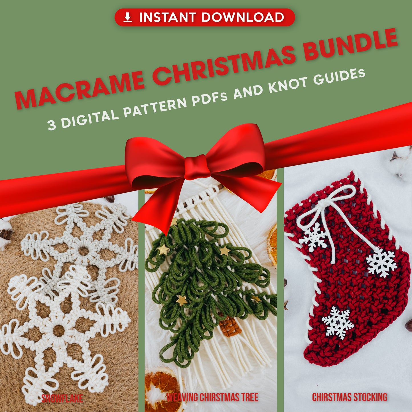 Macrame Christmas Bundle - 3 Digital PDFs and Knot Guides