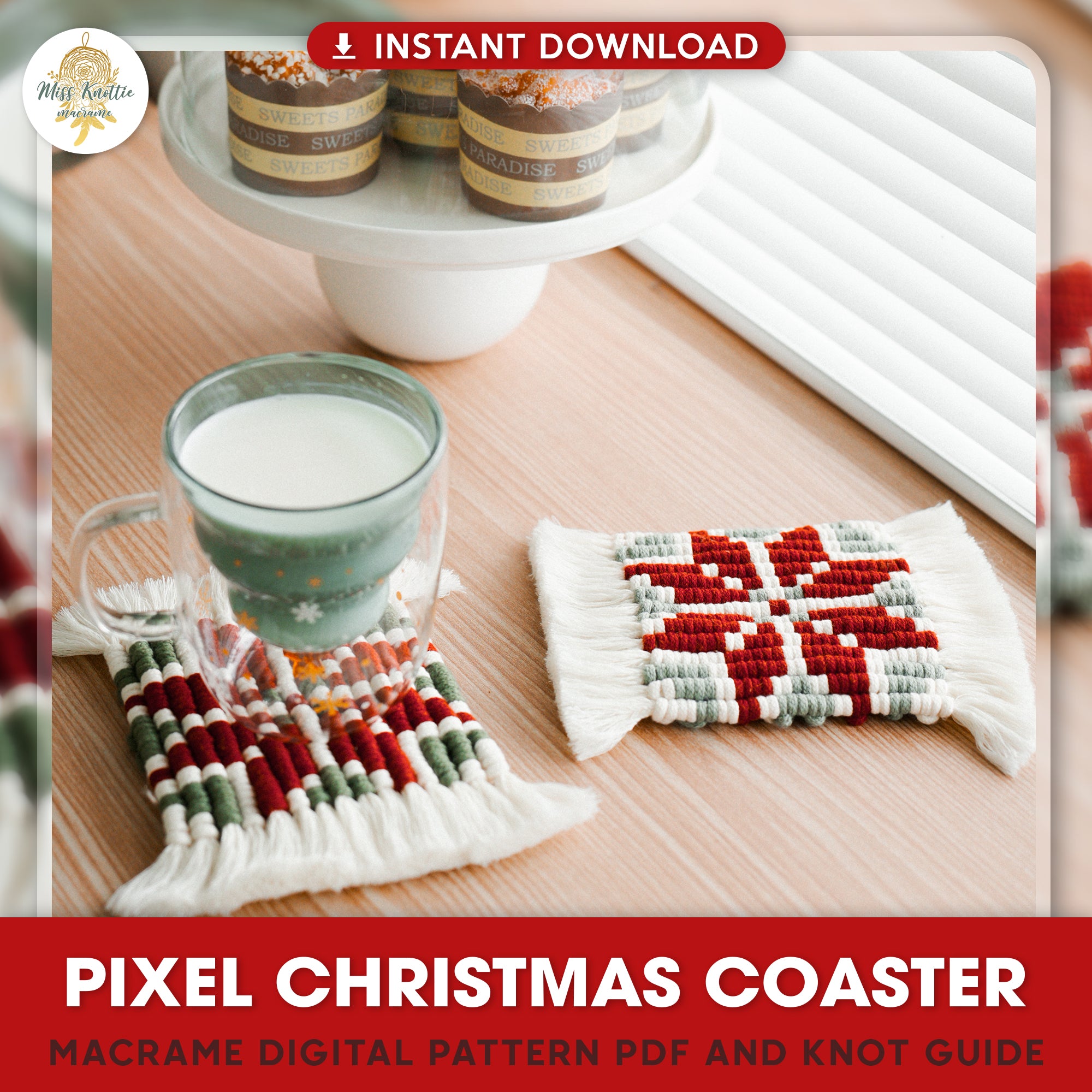 ピクセルクリスマスコースターパターン - デジタルPDFと結び目ガイド