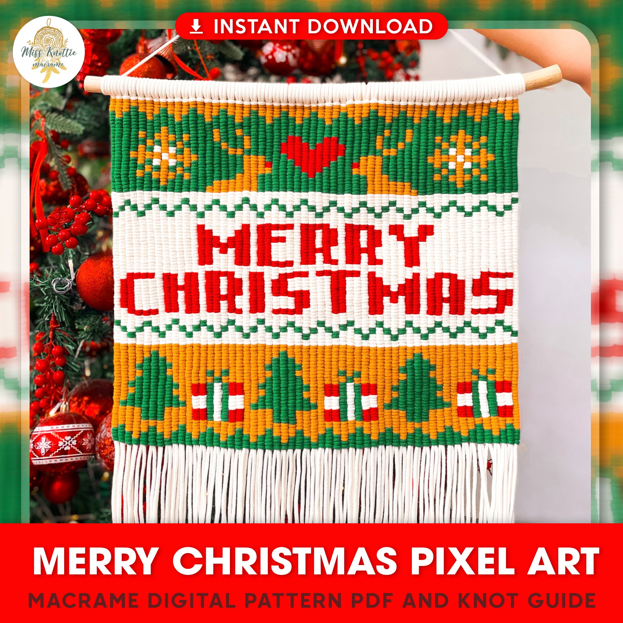 Merry Christmas Pixel Pattern - Digital PDF and Knot Guide