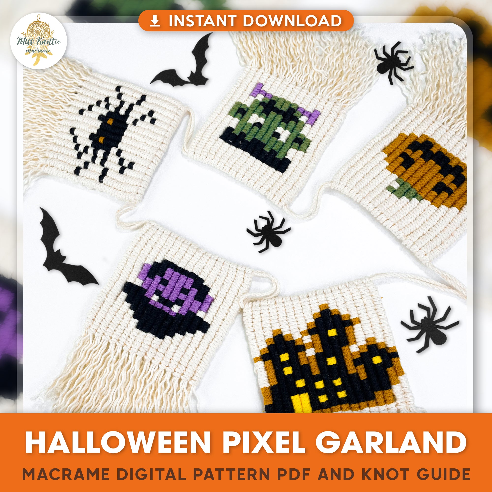 Halloween Pixel Girlande - Digitales PDF und Knotenanleitung