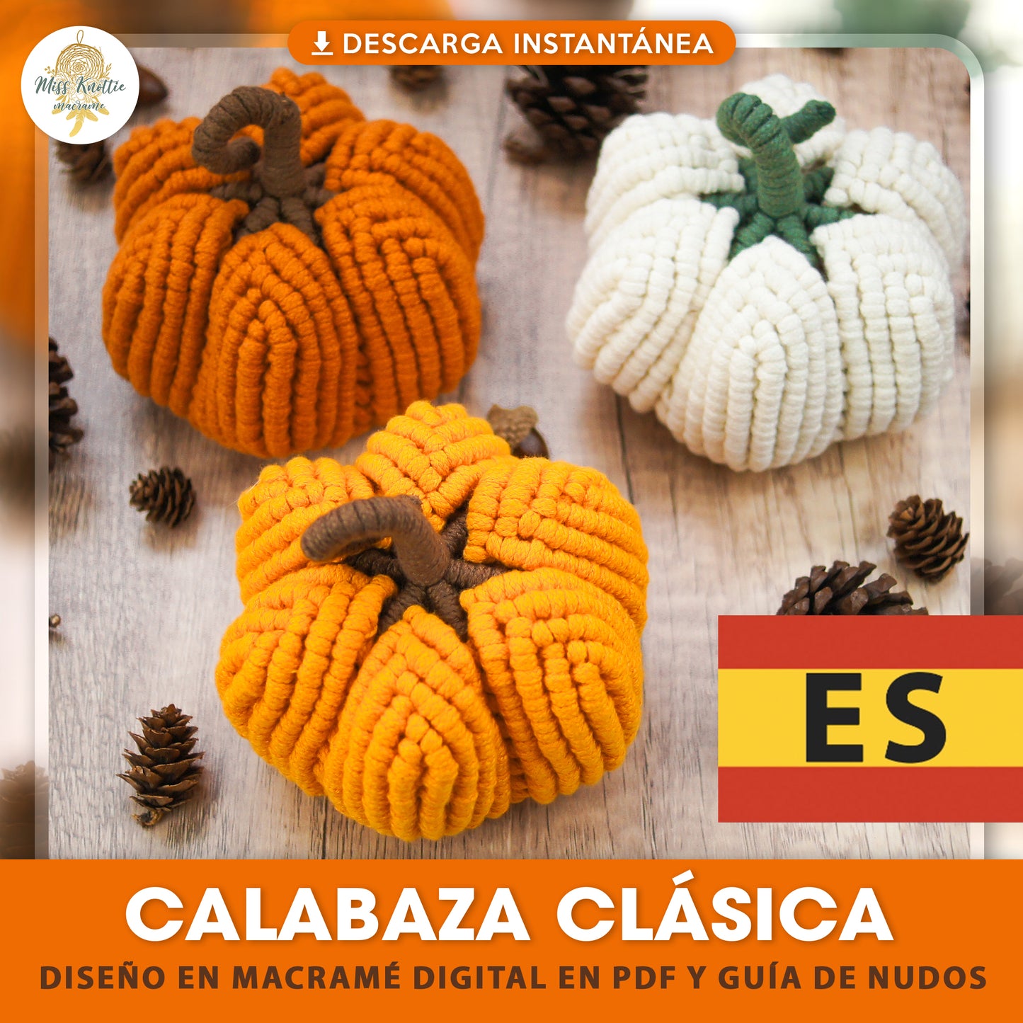 Mini Abóbora - Design Digital de Macramê em PDF com Guia de Nós