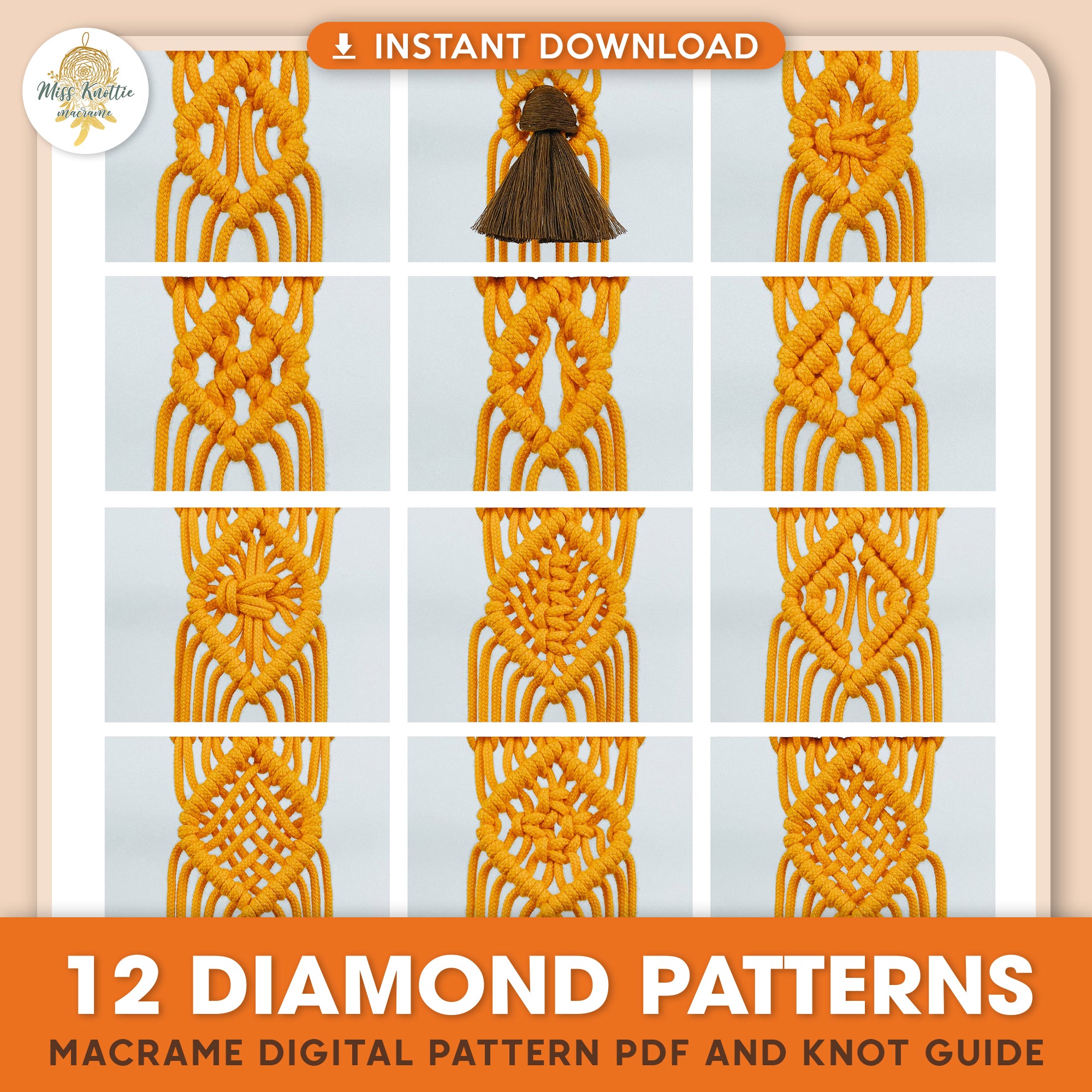 12 Macrame Diamant-Muster-Digitale PDF-und Knauf-Anleitung