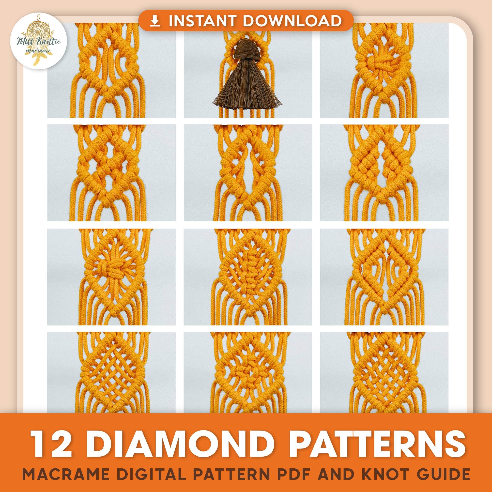 12 patrones de diamante de macrame-PDF digital y guía de nudo