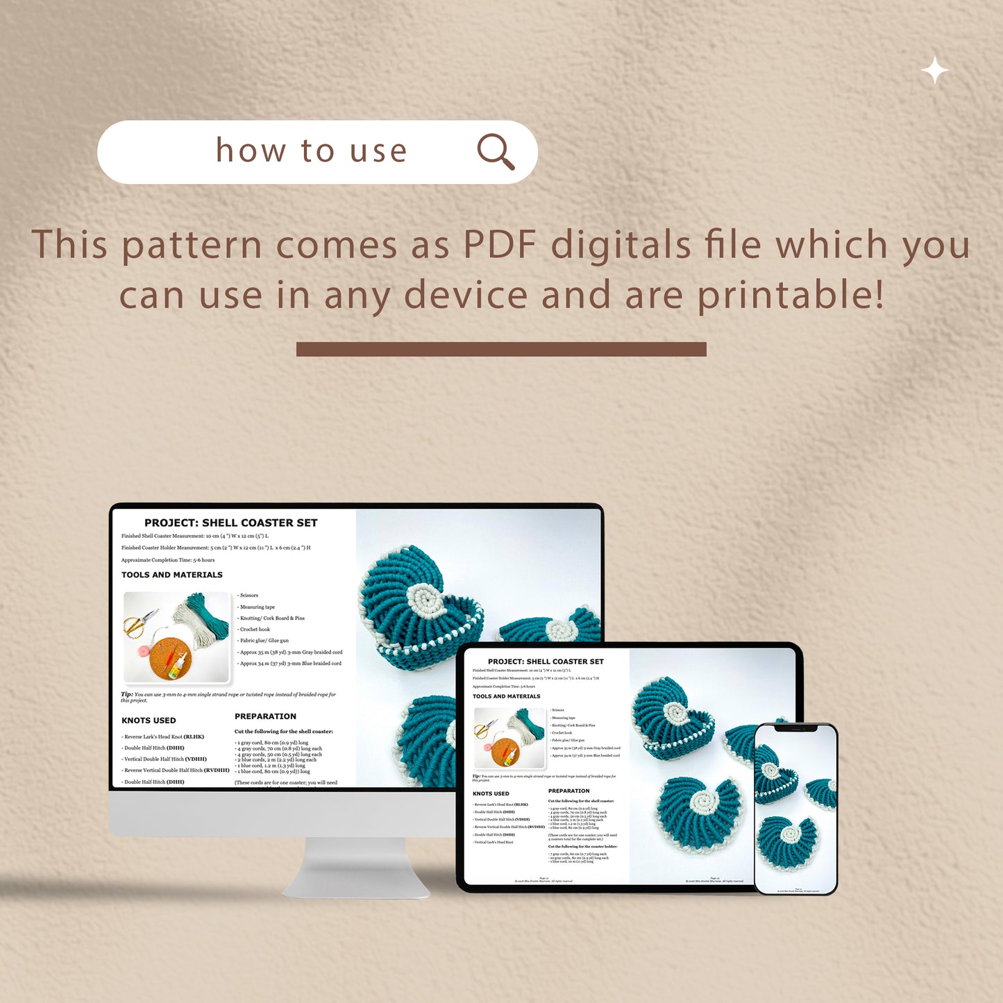 Bolsa de macramé con forma de concha - PDF digital y guía de nudos