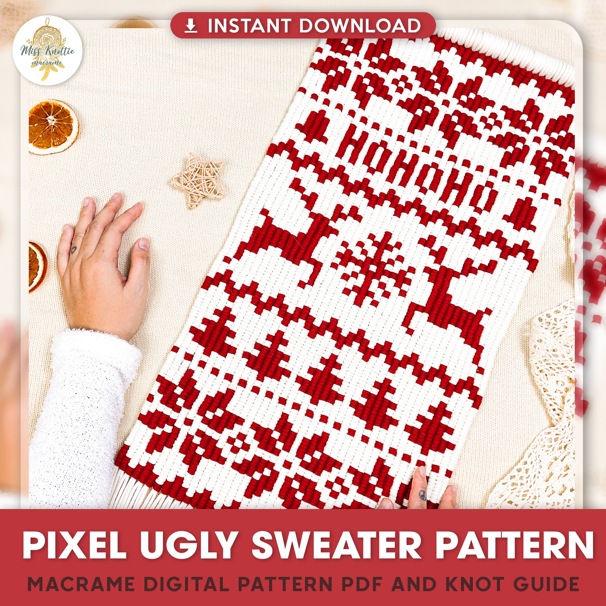 Patrón de píxeles de suéter feo de Navidad-PDF digital y guía de nudo