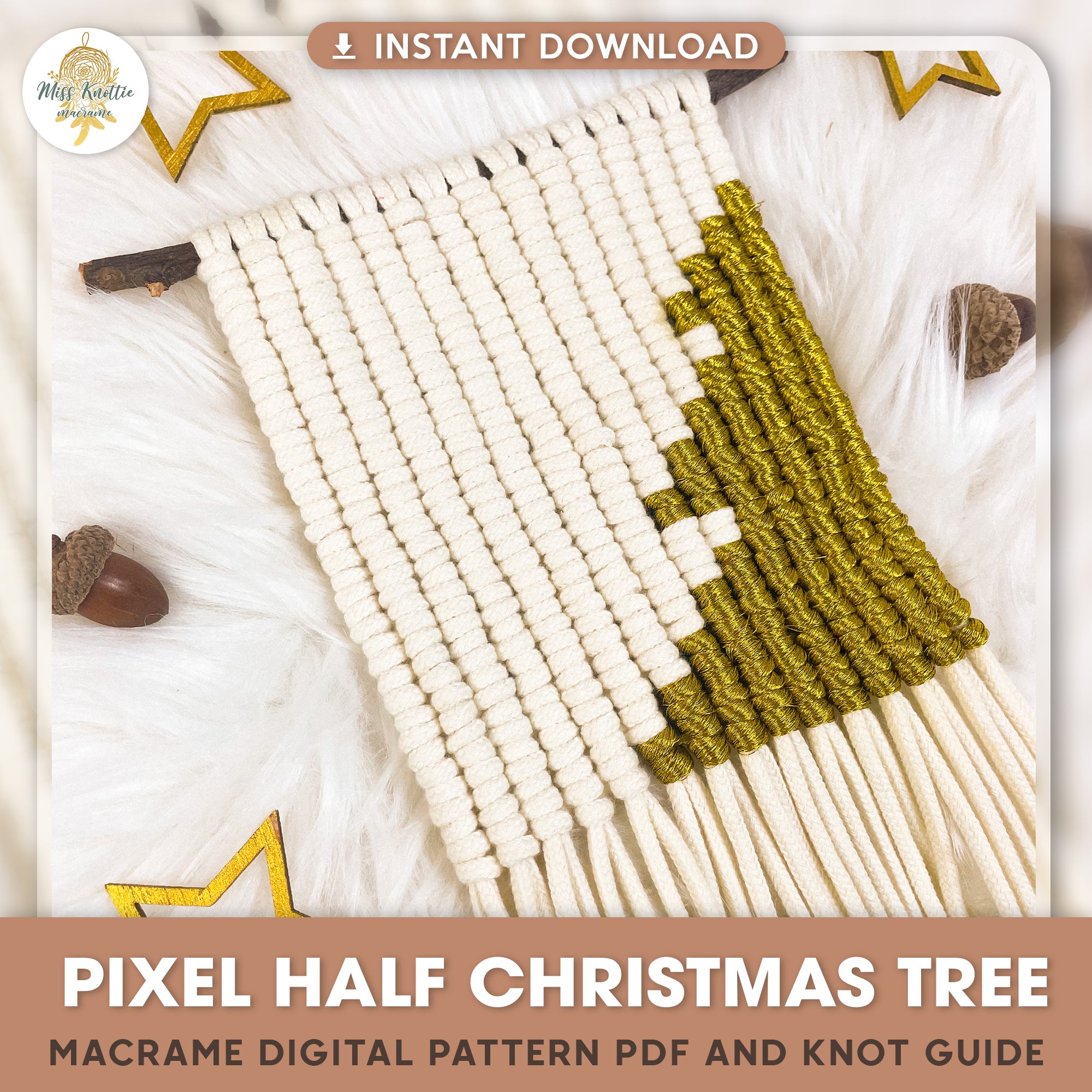 ハーフクリスマスツリーピクセルパターン-デジタルPDFとノットガイド