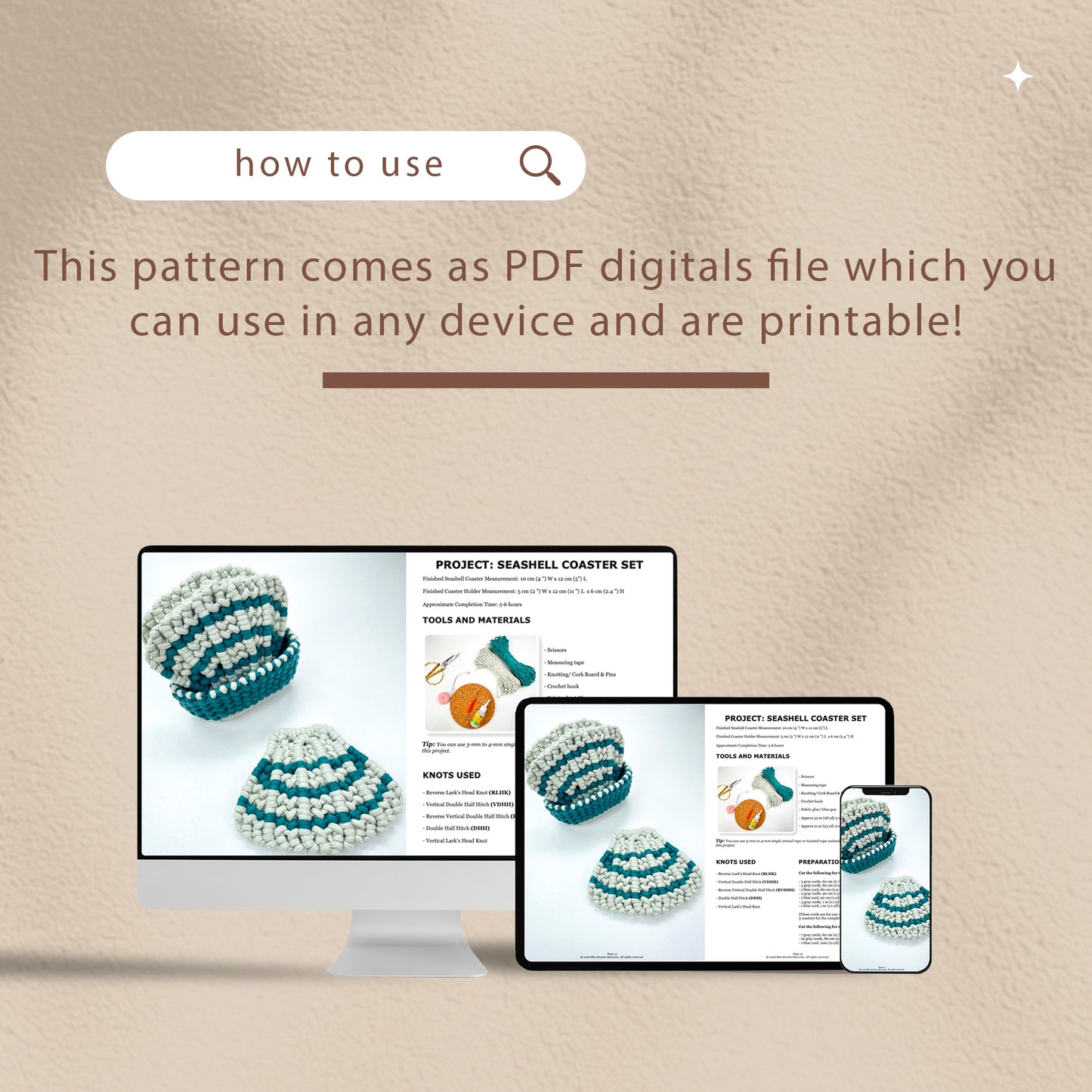 Juego de posavasos de macramé con forma de concha marina - PDF digital y guía de nudos