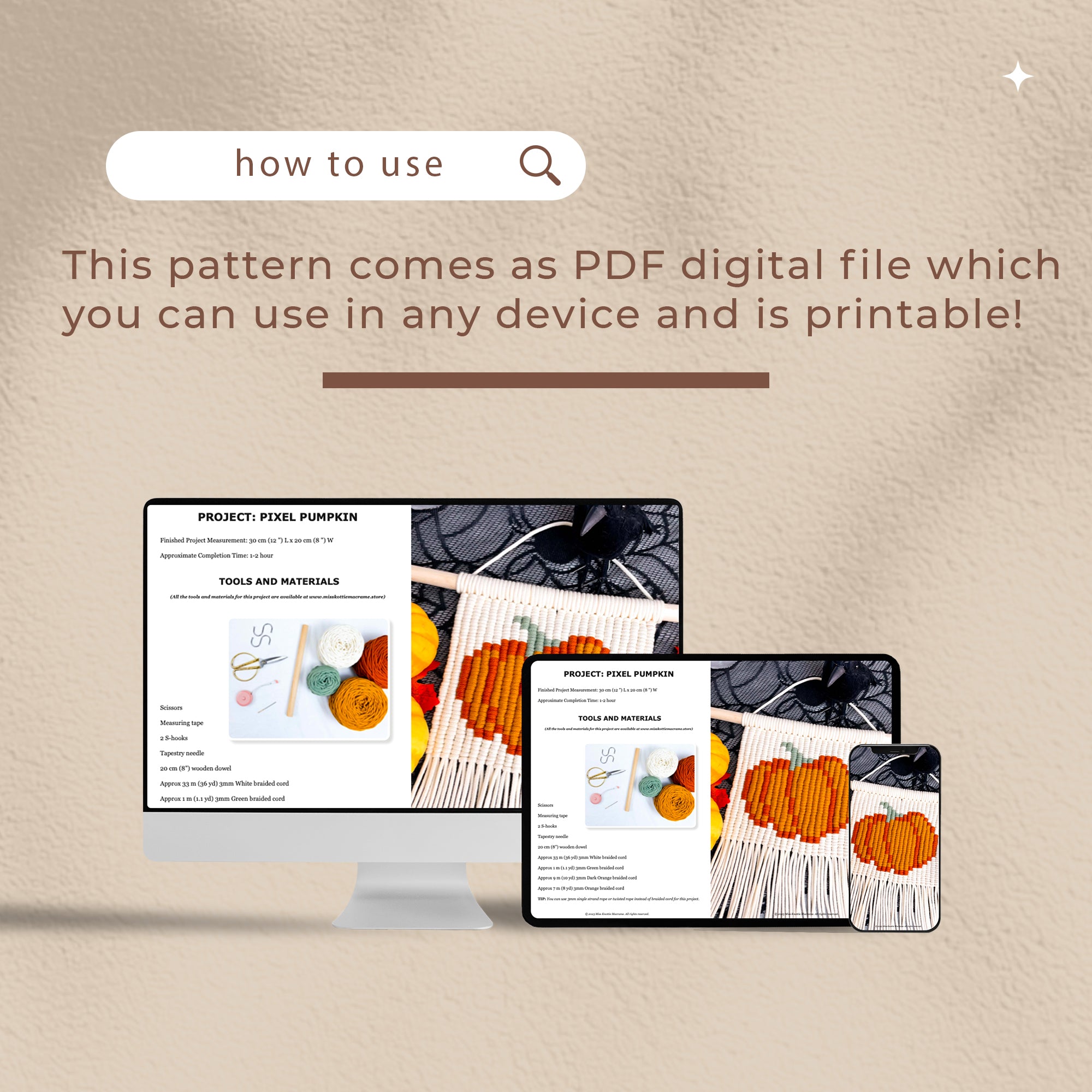 Patrón de píxeles de calabaza-PDF digital y guía de nudo