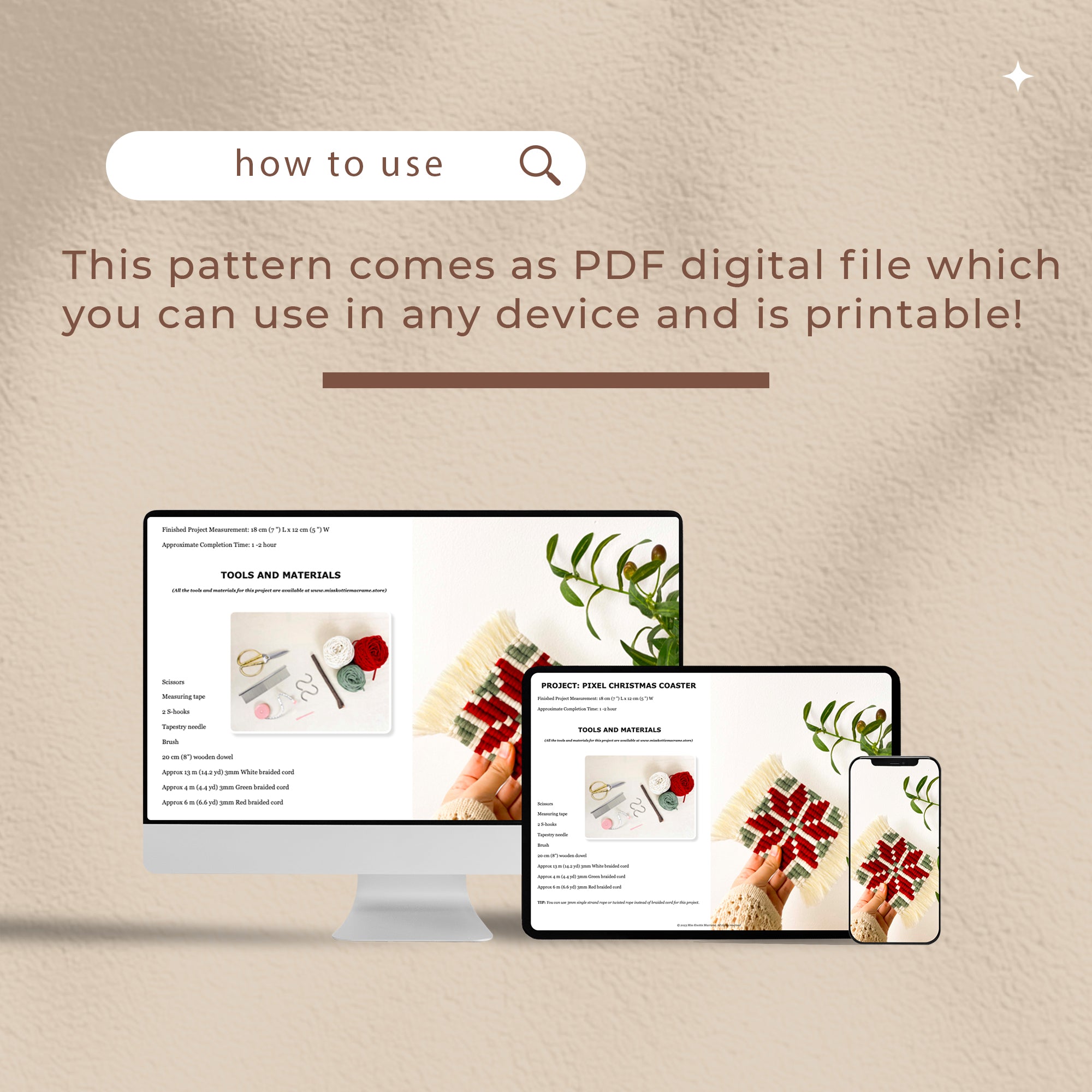 Pixel Christmas Coaster Pattern - Digital PDF and Knot Guide