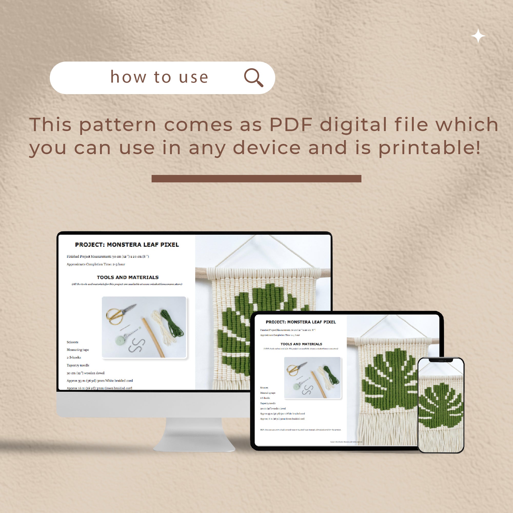 Patrón de píxeles de hoja de monstera - PDF digital y guía de nudos