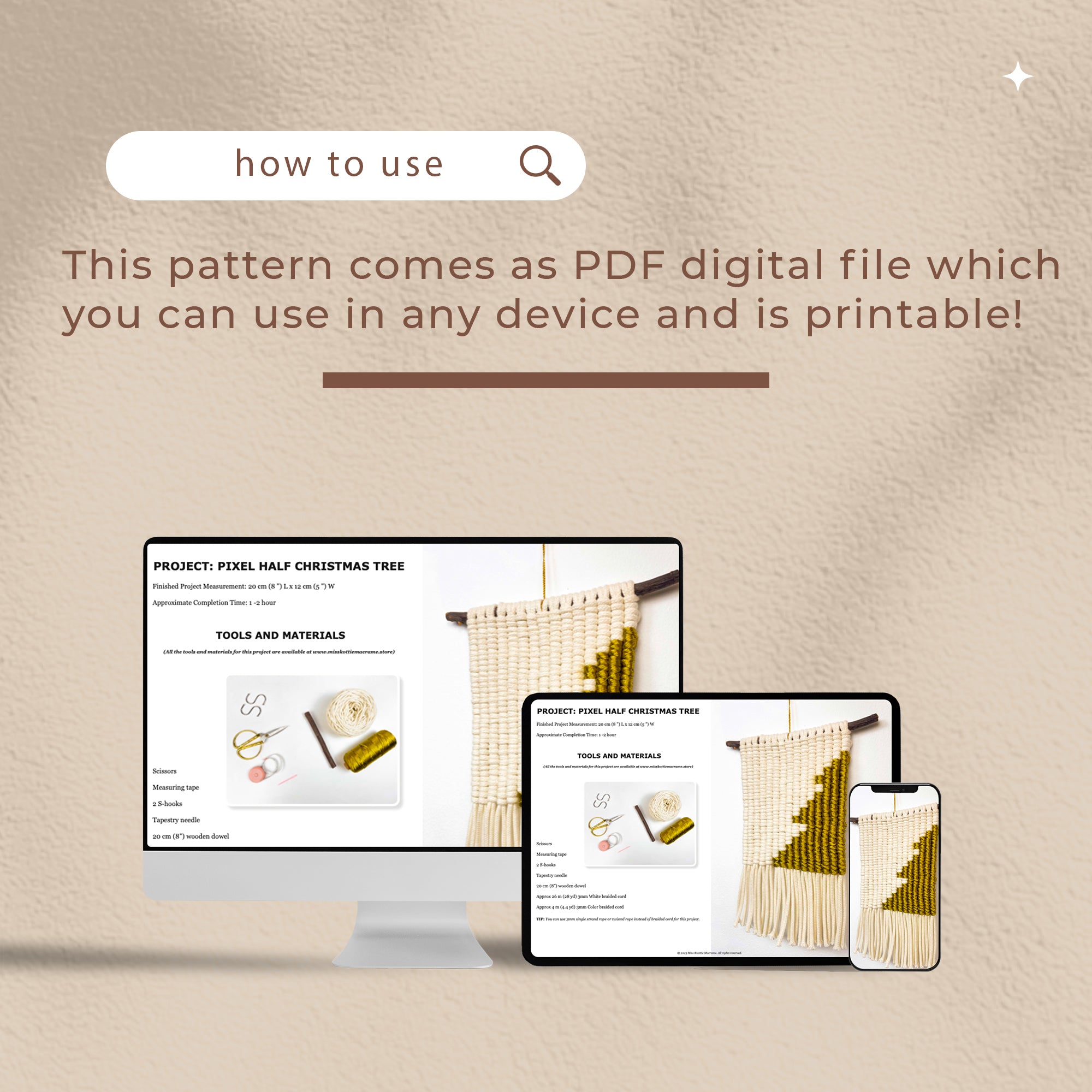 Padrão de pixels da árvore de meio Natal - PDF digital e guia de nós