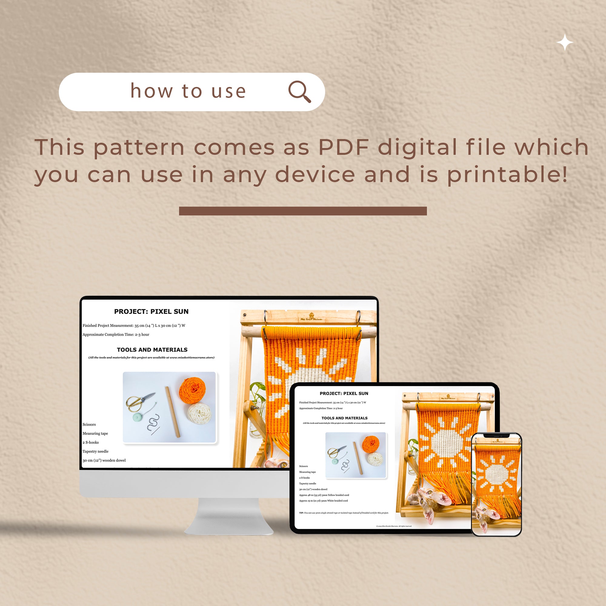 Patrón de arte de Sun Pixel-PDF digital y guía de nudo
