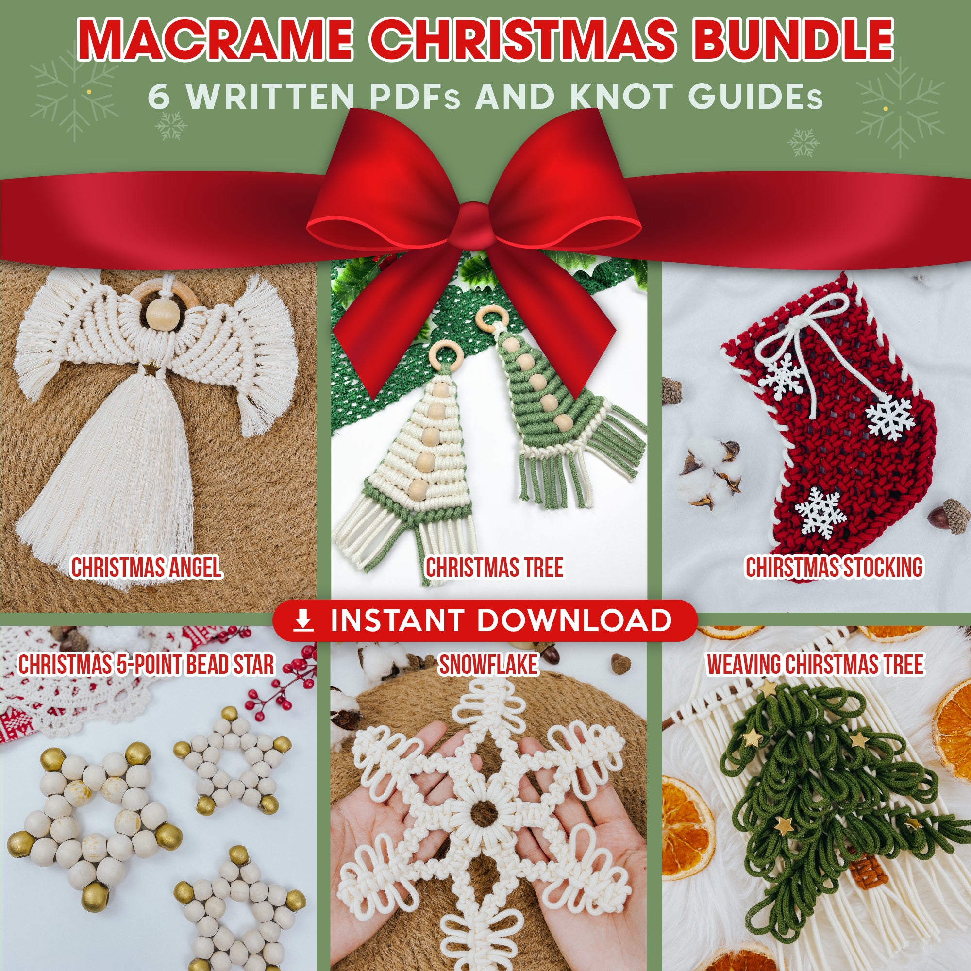 Macrame Christmas Bundle - 6 Digital PDFs and Knot Guides
