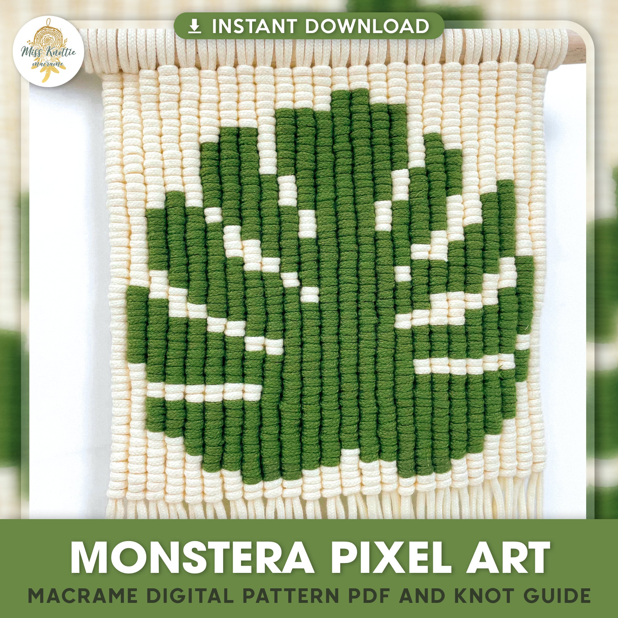 Monstera-Blatt-Pixel-Muster-Digitale PDF-und Knopf-Anleitung