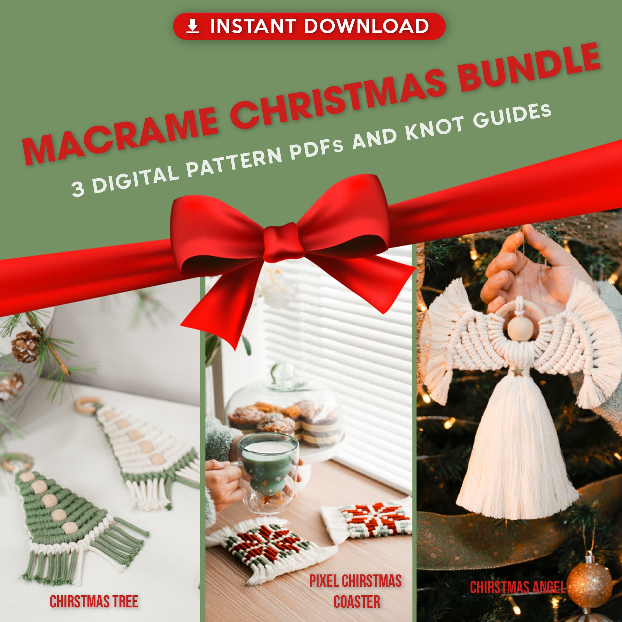 Macrame Christmas Bundle - 3 Digital PDFs and Knot Guides