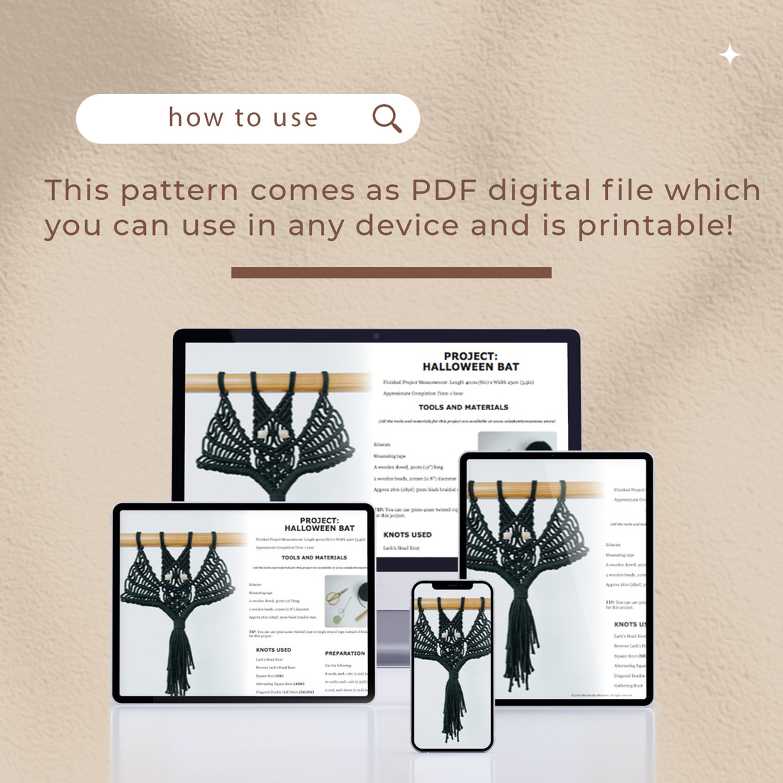Halloween Bat Pattern Digital PDF and Knot Guide Miss Knottie