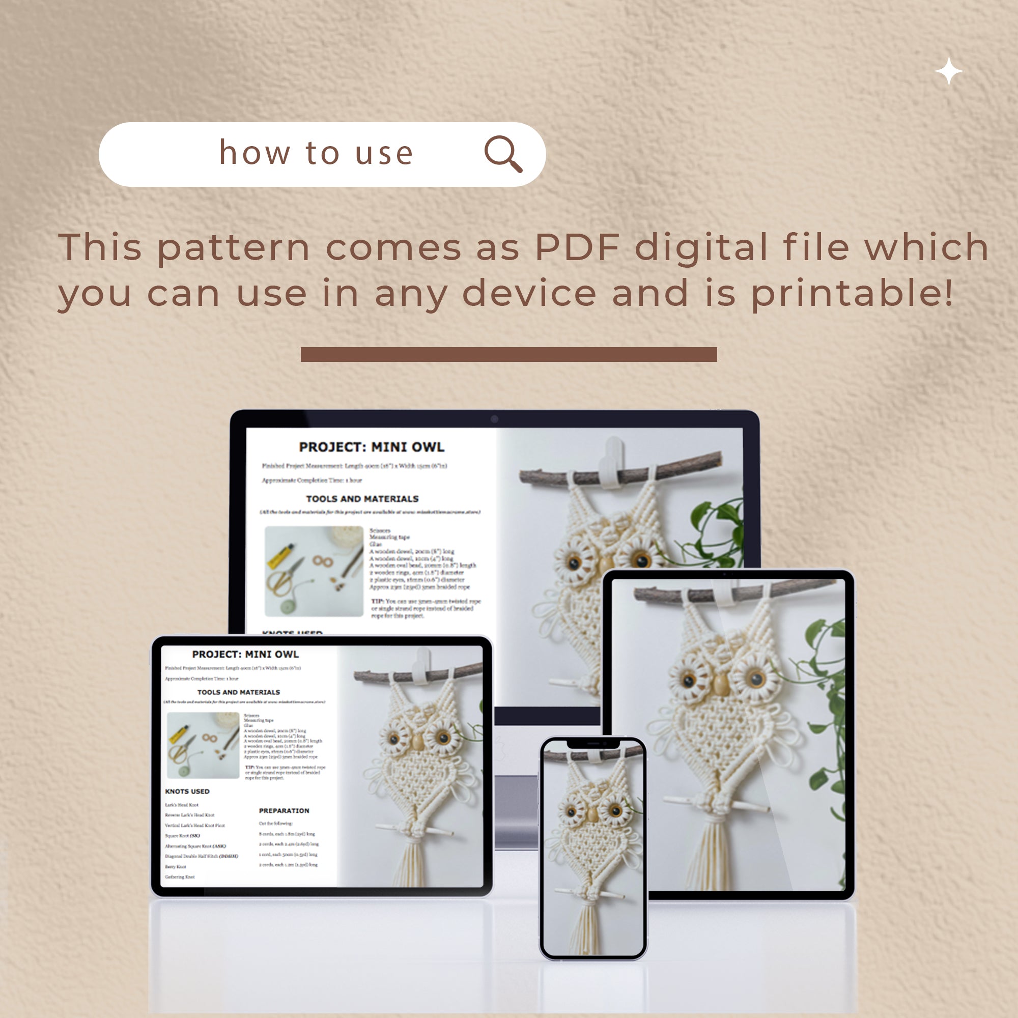 Patrón mini búho-PDF digital y guía de nudo