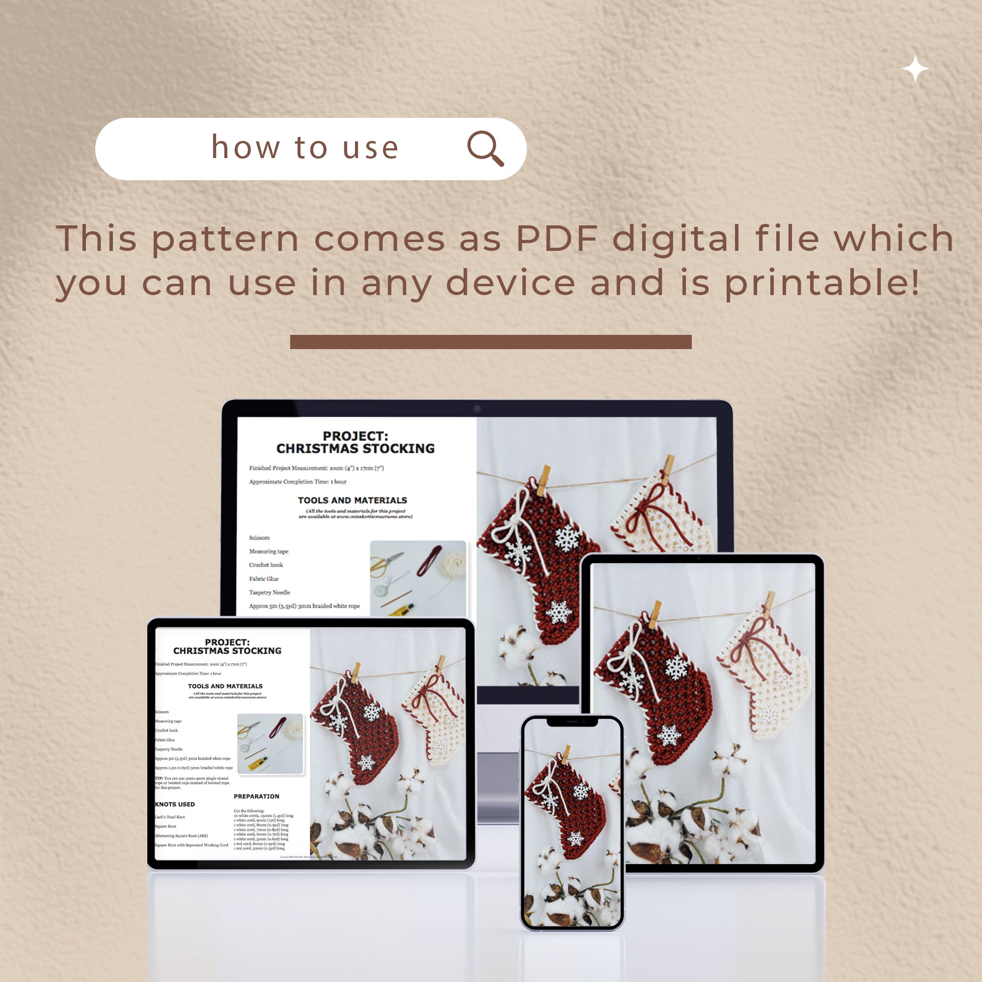 Patrón de la media de Navidad de macrame-PDF digital y guía de nudo